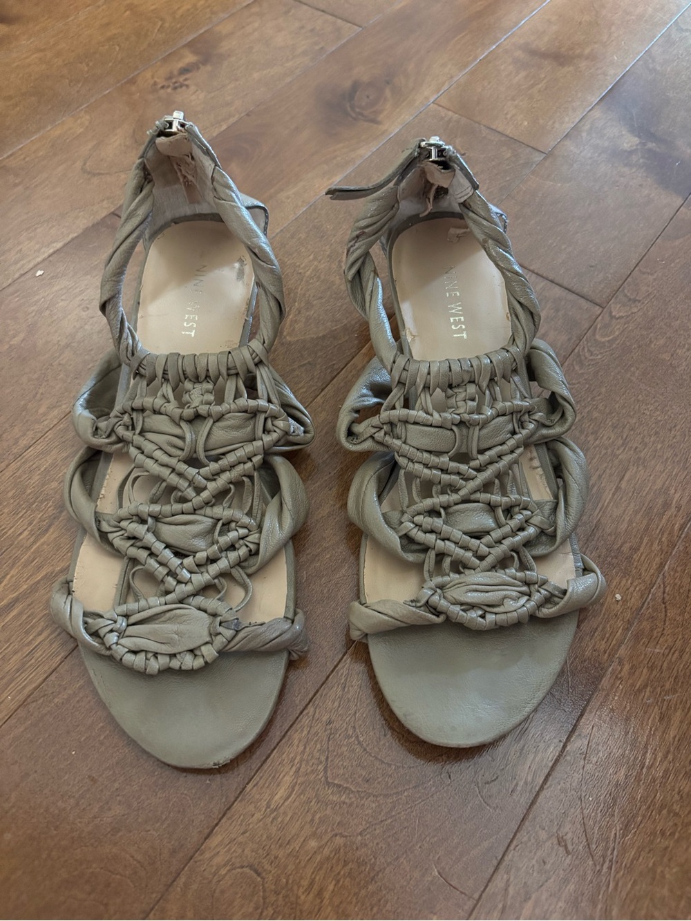 Nine West Braided Strappy Wedge Leather Sandals in Taupe